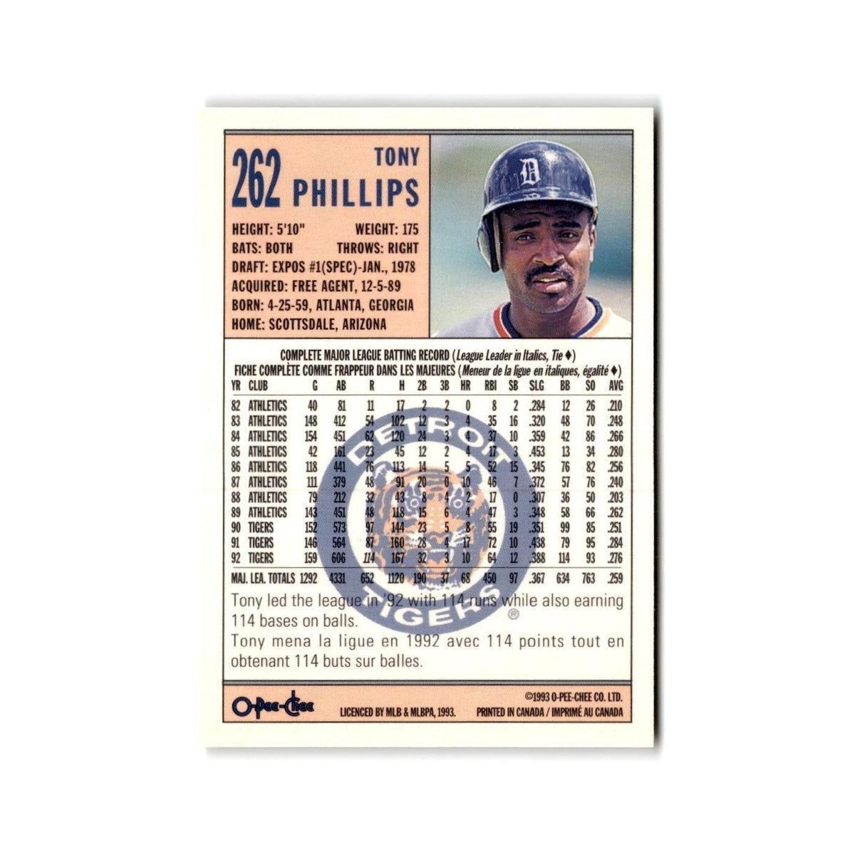 Tony Phillips 1993 O-Pee-Chee #262 Detroit Tigers Baseball Card NM