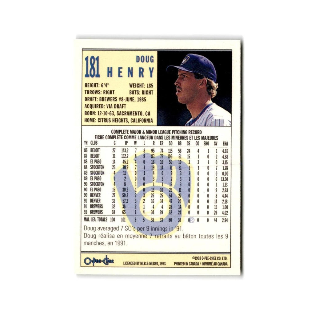 Doug Henry 1993 O-Pee-Chee #181 Milwaukee Brewers Baseball Card NM