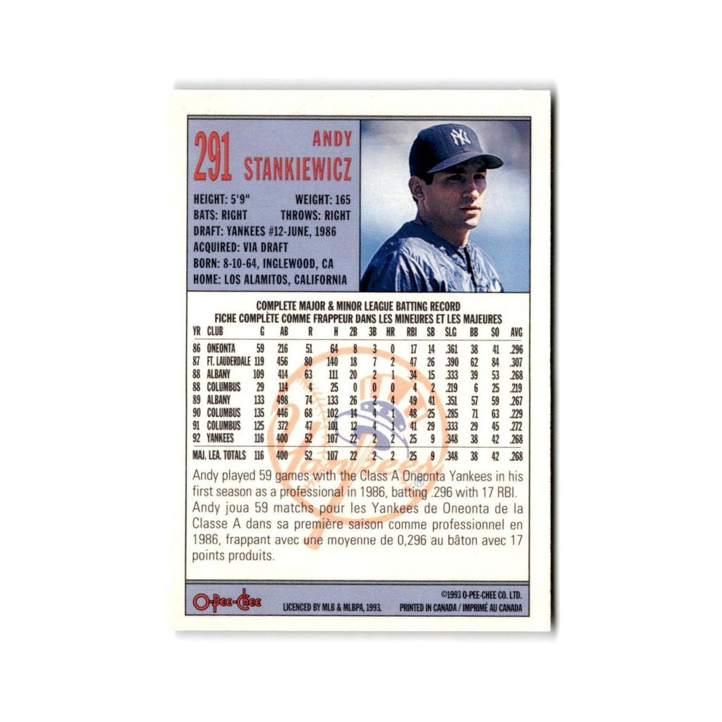 Andy Stankiewicz 1993 O-Pee-Chee #291 New York Yankees Baseball Card NM