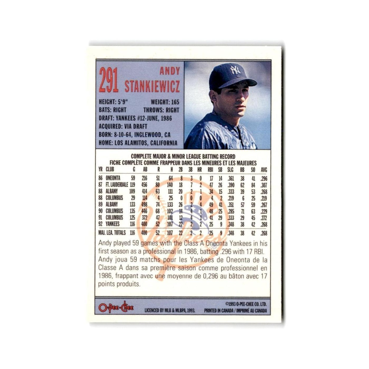 Andy Stankiewicz 1993 O-Pee-Chee #291 New York Yankees Baseball Card NM