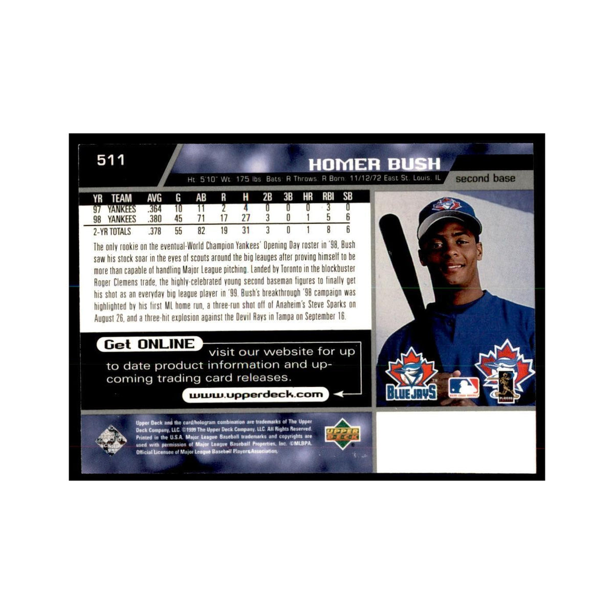 1999 Upper Deck Baseball Card Homer Bush Blue Jays #511.0
