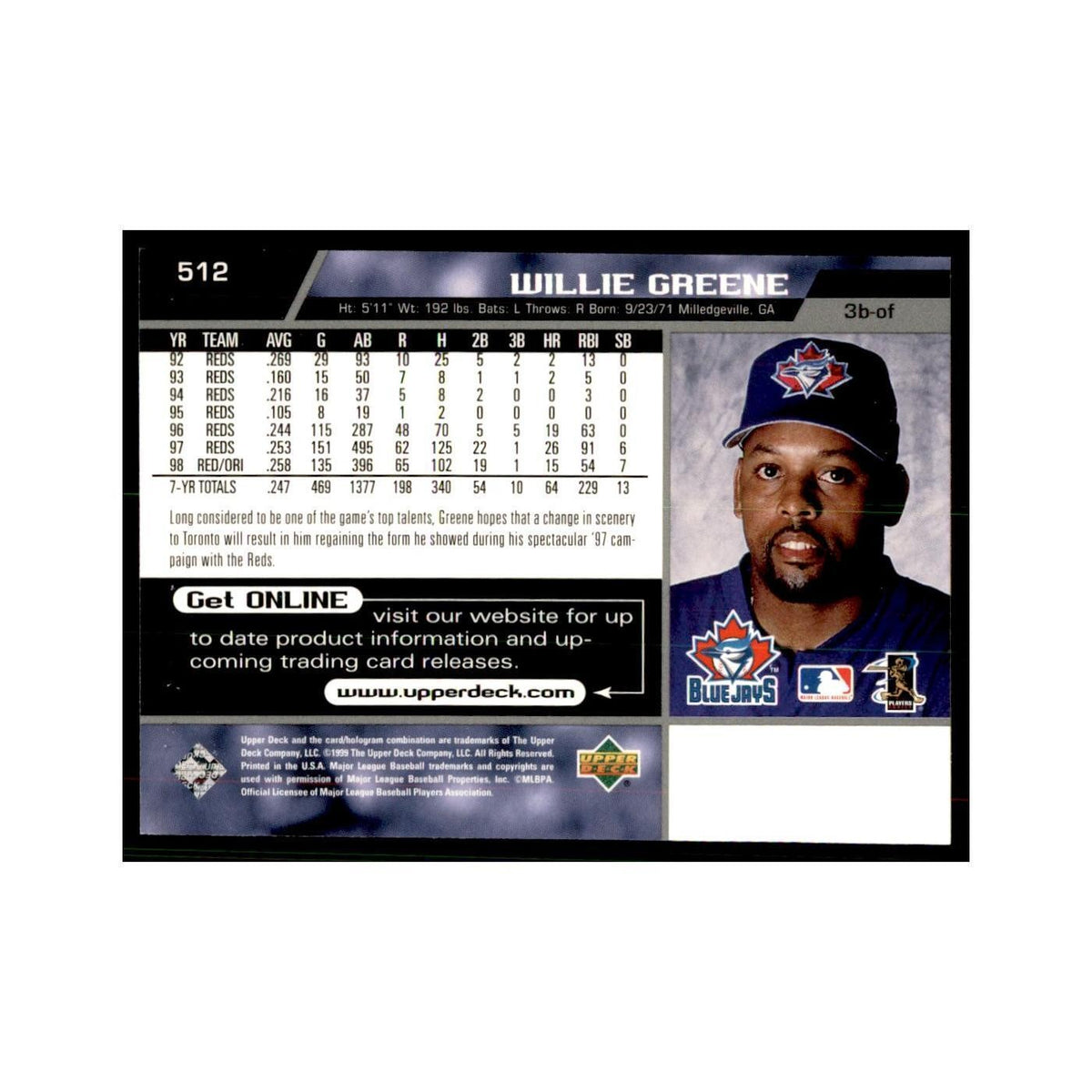 1999 Upper Deck Baseball Card Willie Greene Blue Jays #512.0