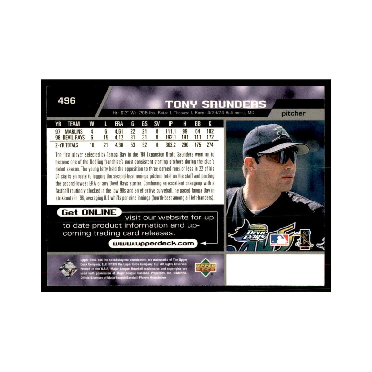 1999 Upper Deck Baseball Card Tony Saunders Rays #496.0