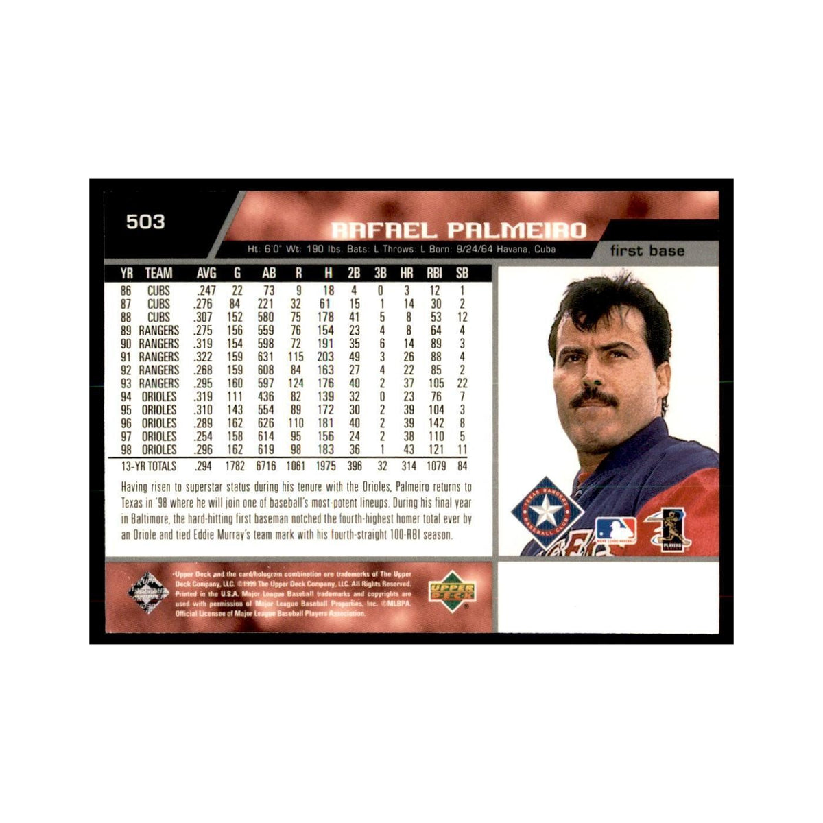 1999 Upper Deck Baseball Card Rafael Palmeiro Rangers #503.0