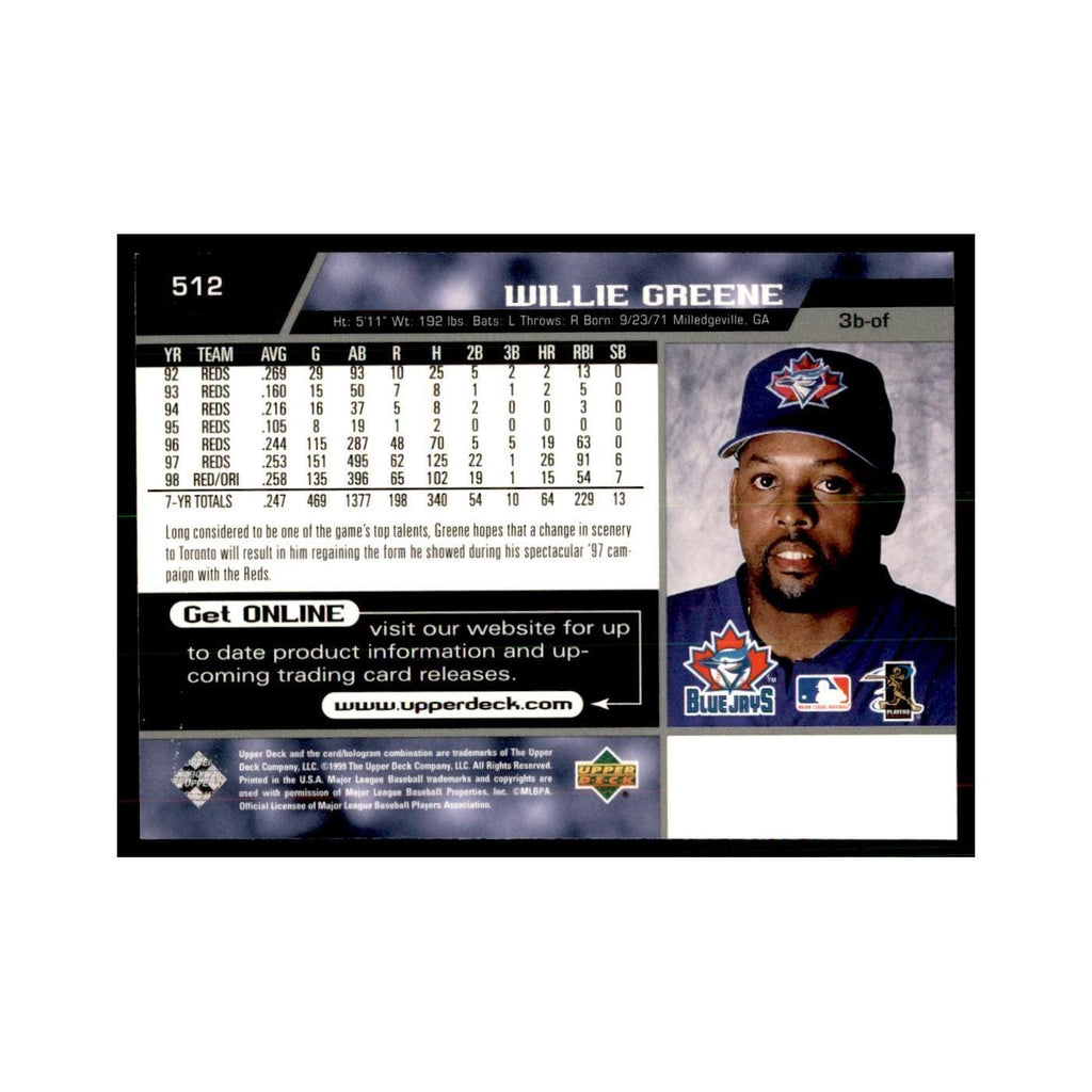 1999 Upper Deck Baseball Card Willie Greene Blue Jays #512.0