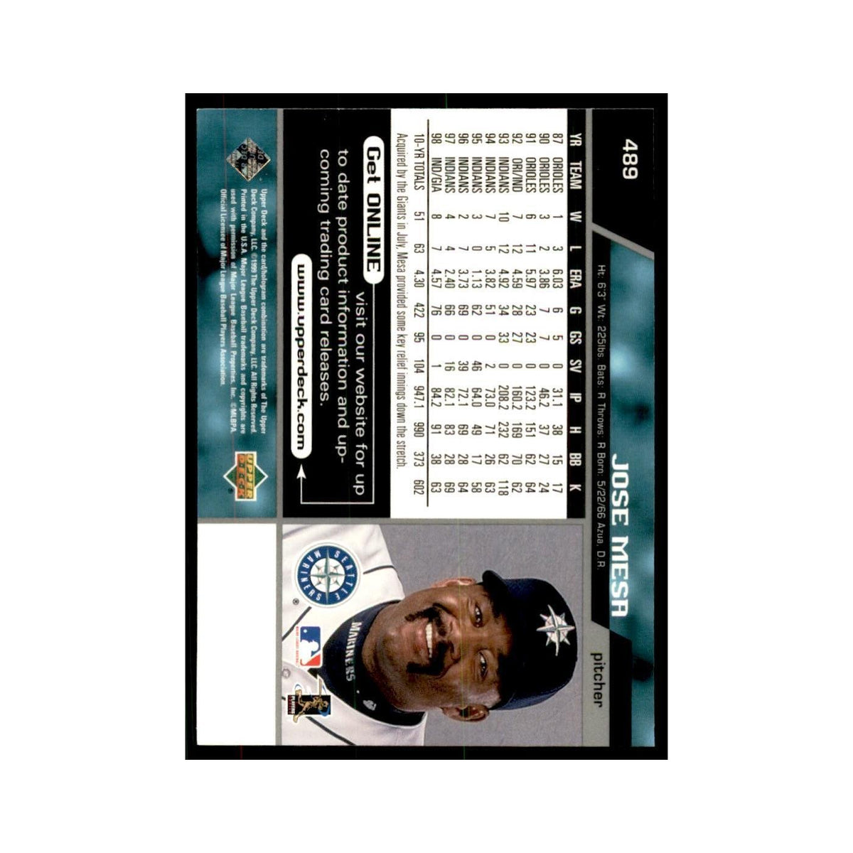 1999 Upper Deck Baseball Card Jose Mesa Mariners #489.0