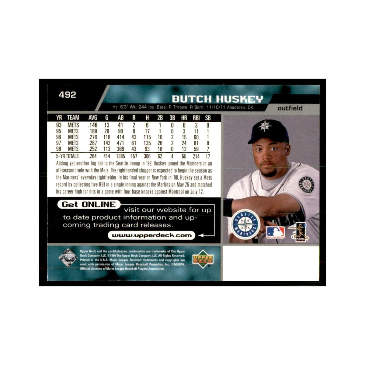 1999 Upper Deck Baseball Card Butch Huskey Mariners #492.0