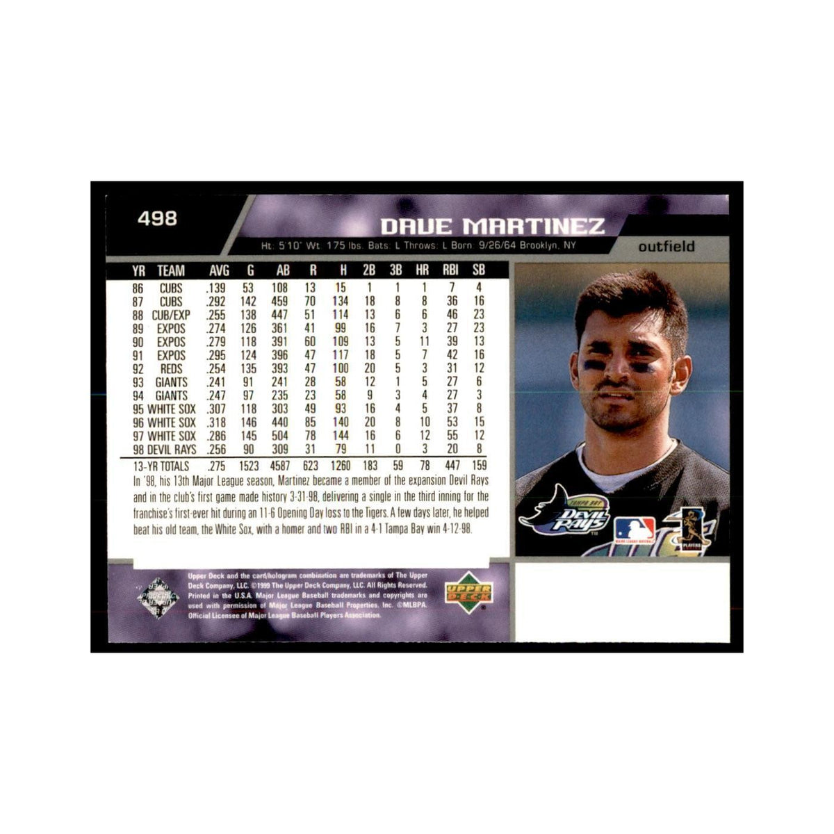 1999 Upper Deck Baseball Card Dave Martinez Rays #498.0