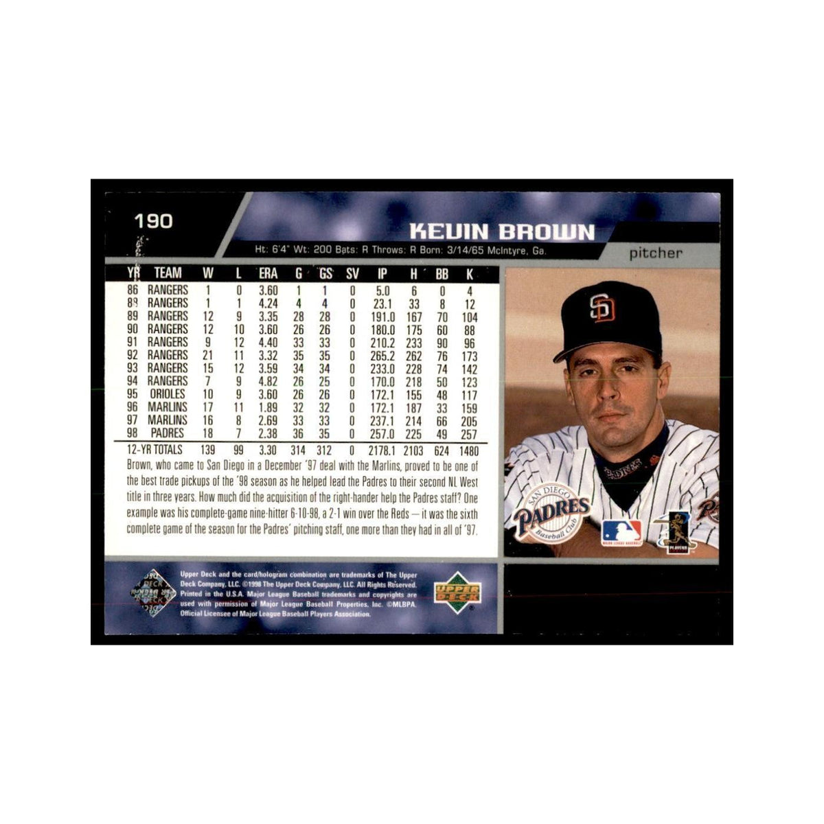 1999 Upper Deck Baseball Card Kevin Brown Padres #190.0
