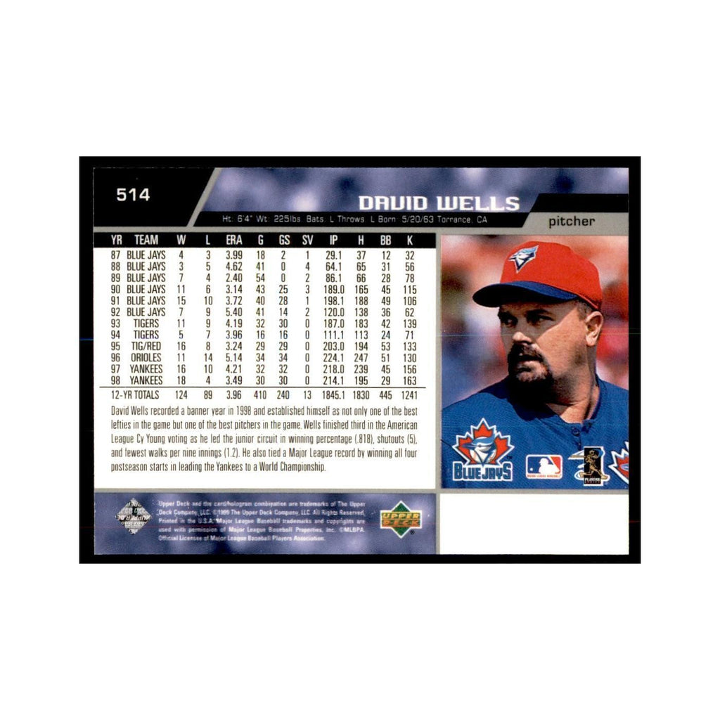 1999 Upper Deck Baseball Card David Wells Blue Jays #514.0