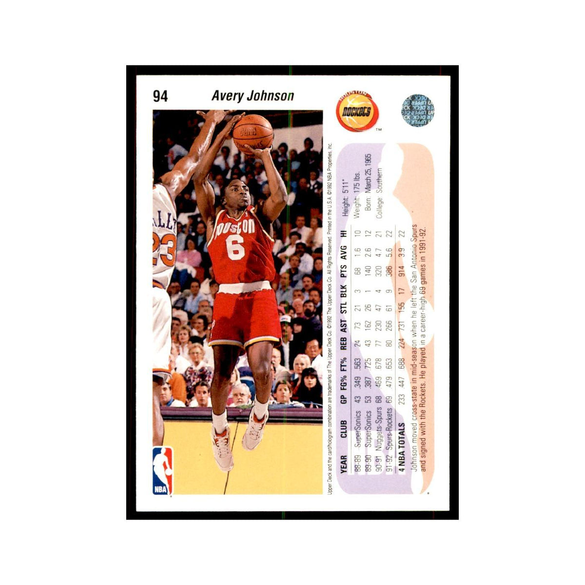1992 Upper Deck Avery Johnson Basketball Cards #94