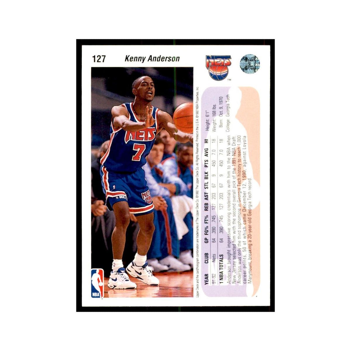 1992 Upper Deck Kenny Anderson Basketball Cards #127