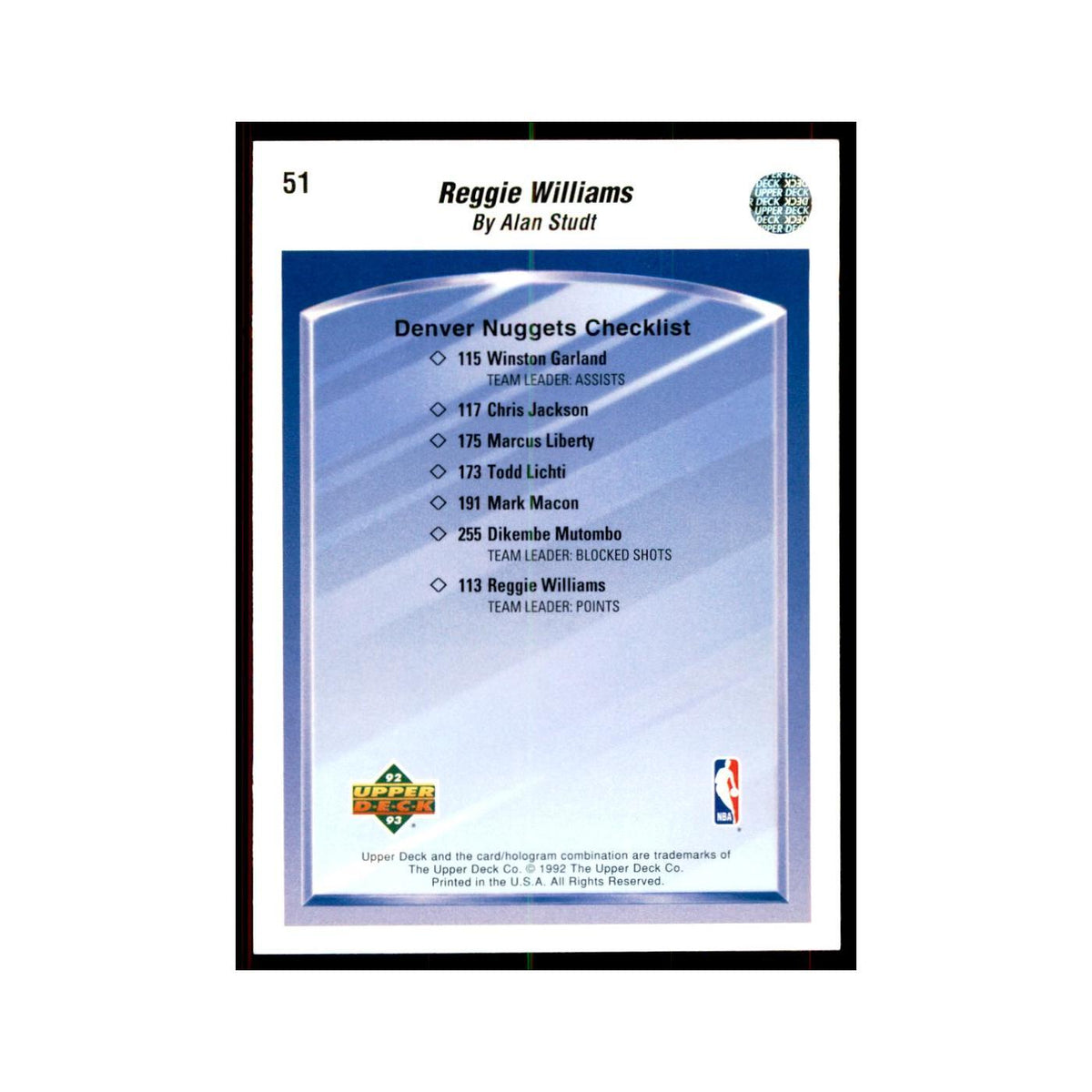 1992 Upper Deck Reggie Williams Basketball Cards #51