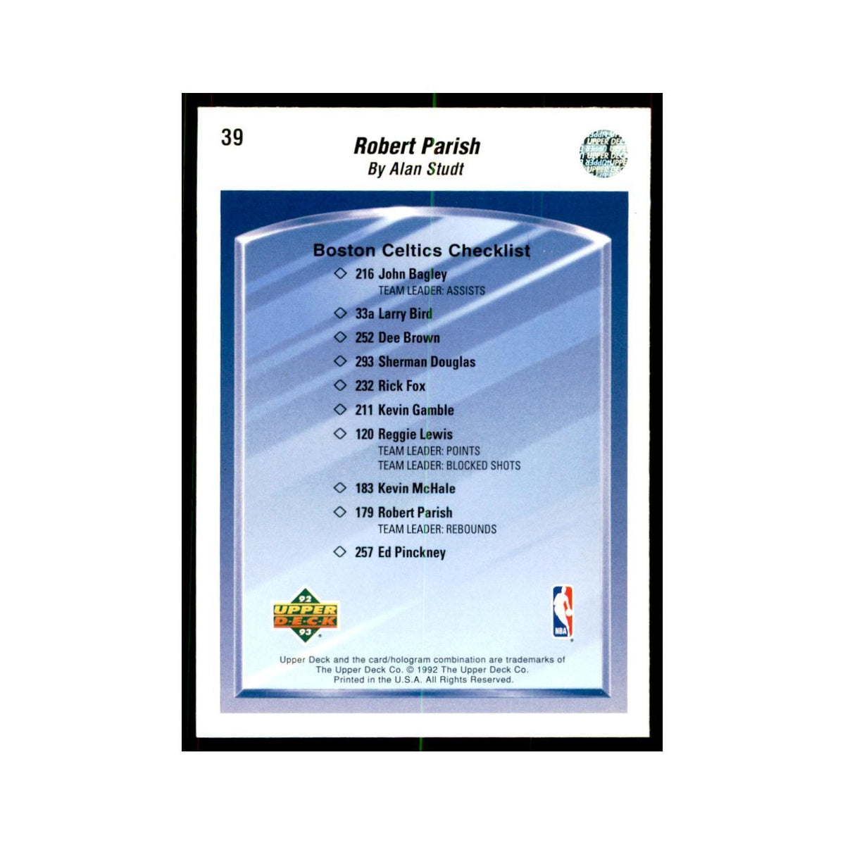 1992 Upper Deck Robert Parish Basketball Cards #39