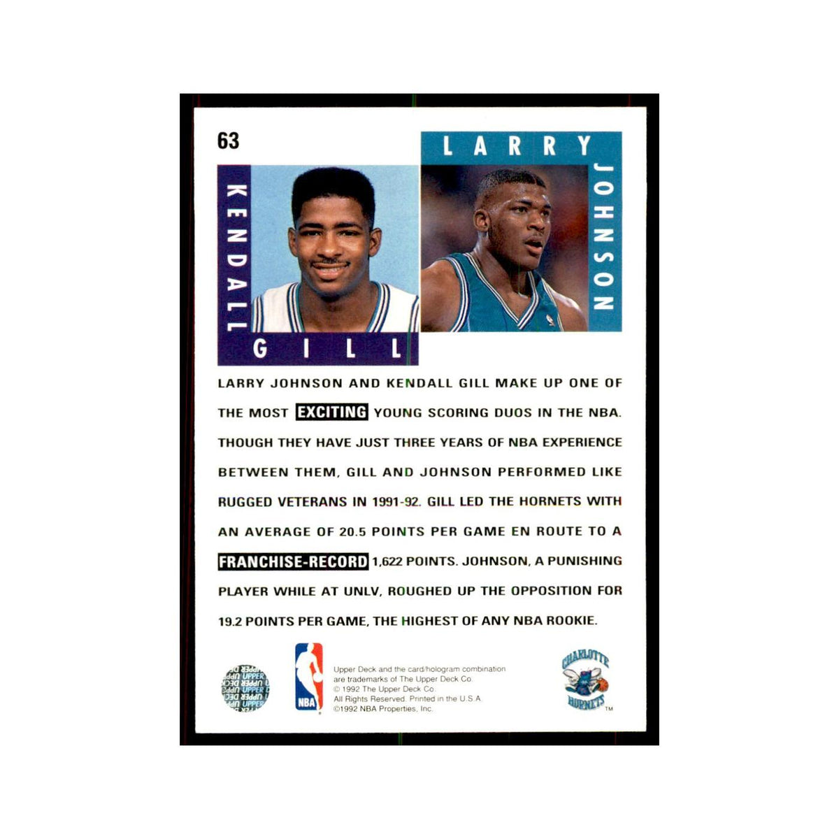 1992 Upper Deck Kendall Gill/Larry Johnson Basketball Cards #63