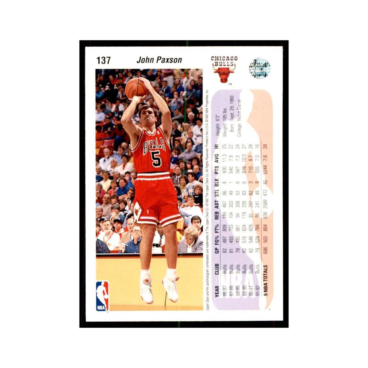1992 Upper Deck John Paxson Basketball Cards #137