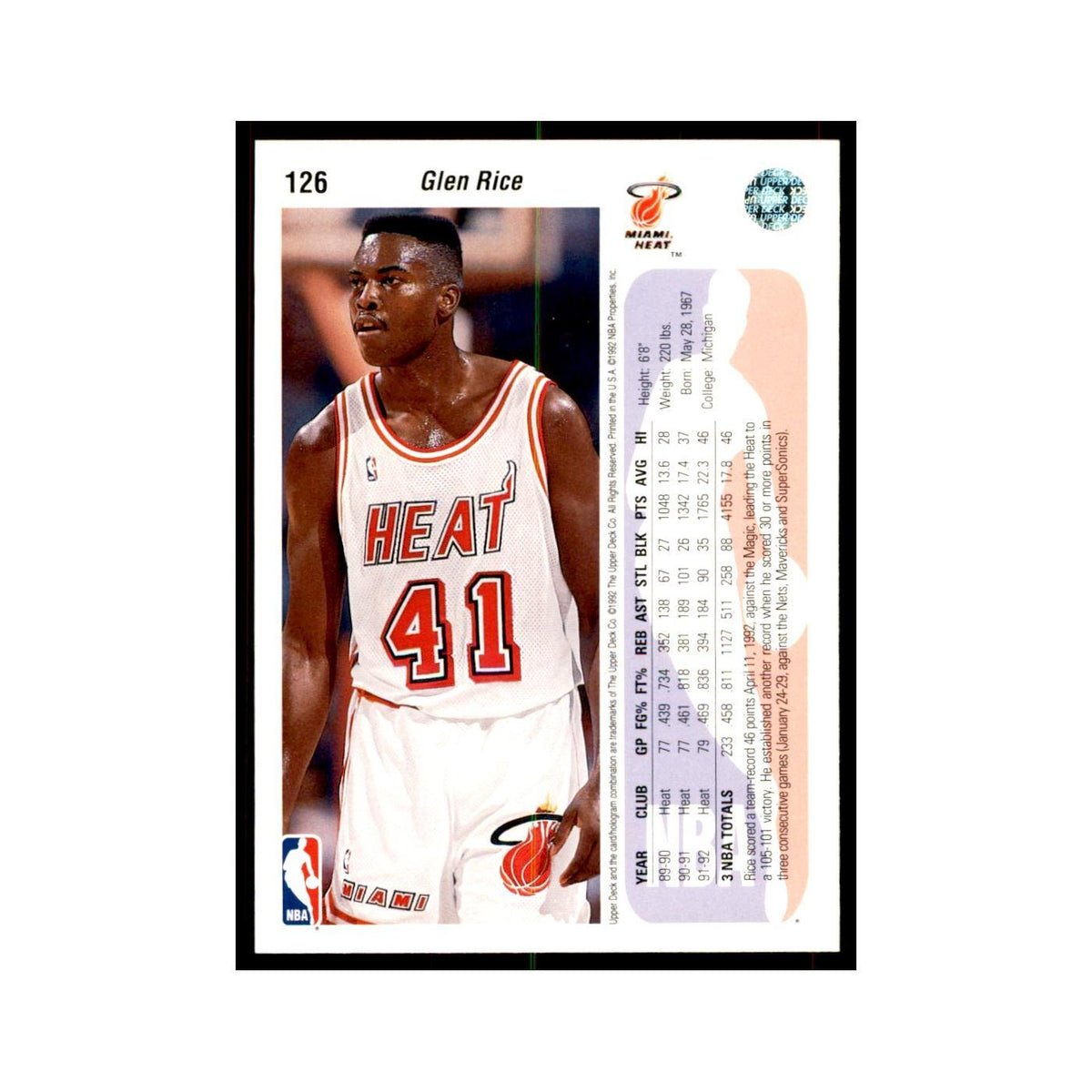1992 Upper Deck Glen Rice Basketball Cards #126