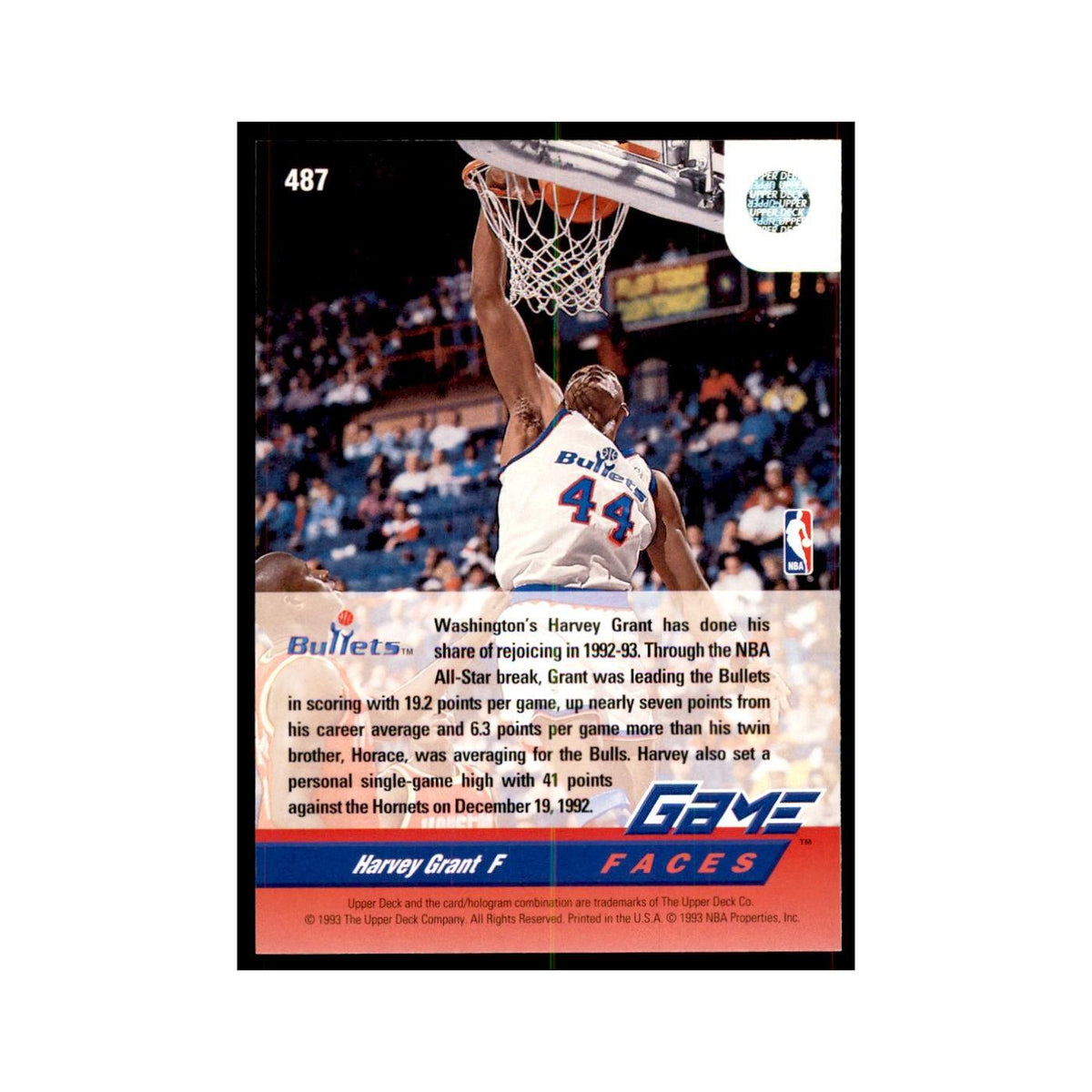 1992 Upper Deck Harvey Grant Basketball Cards #487