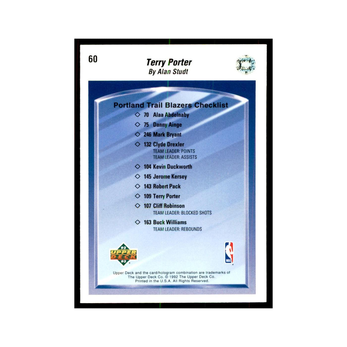1992 Upper Deck Terry Porter Basketball Cards #60