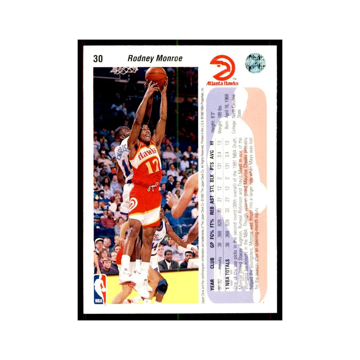 1992 Upper Deck Rodney Monroe Basketball Cards #30