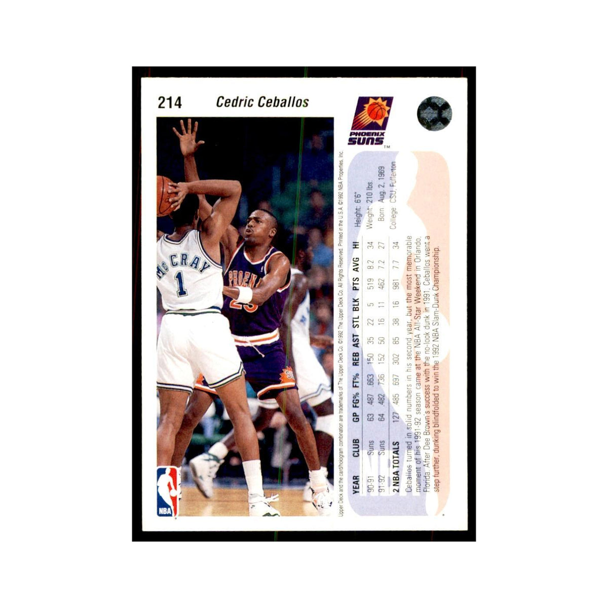 1992 Upper Deck Cedric Ceballos Basketball Cards #214