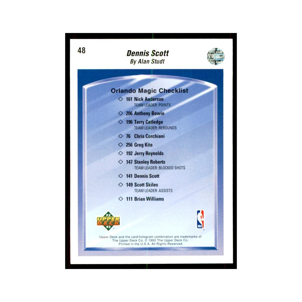 1992 Upper Deck Dennis Scott Basketball Cards #48