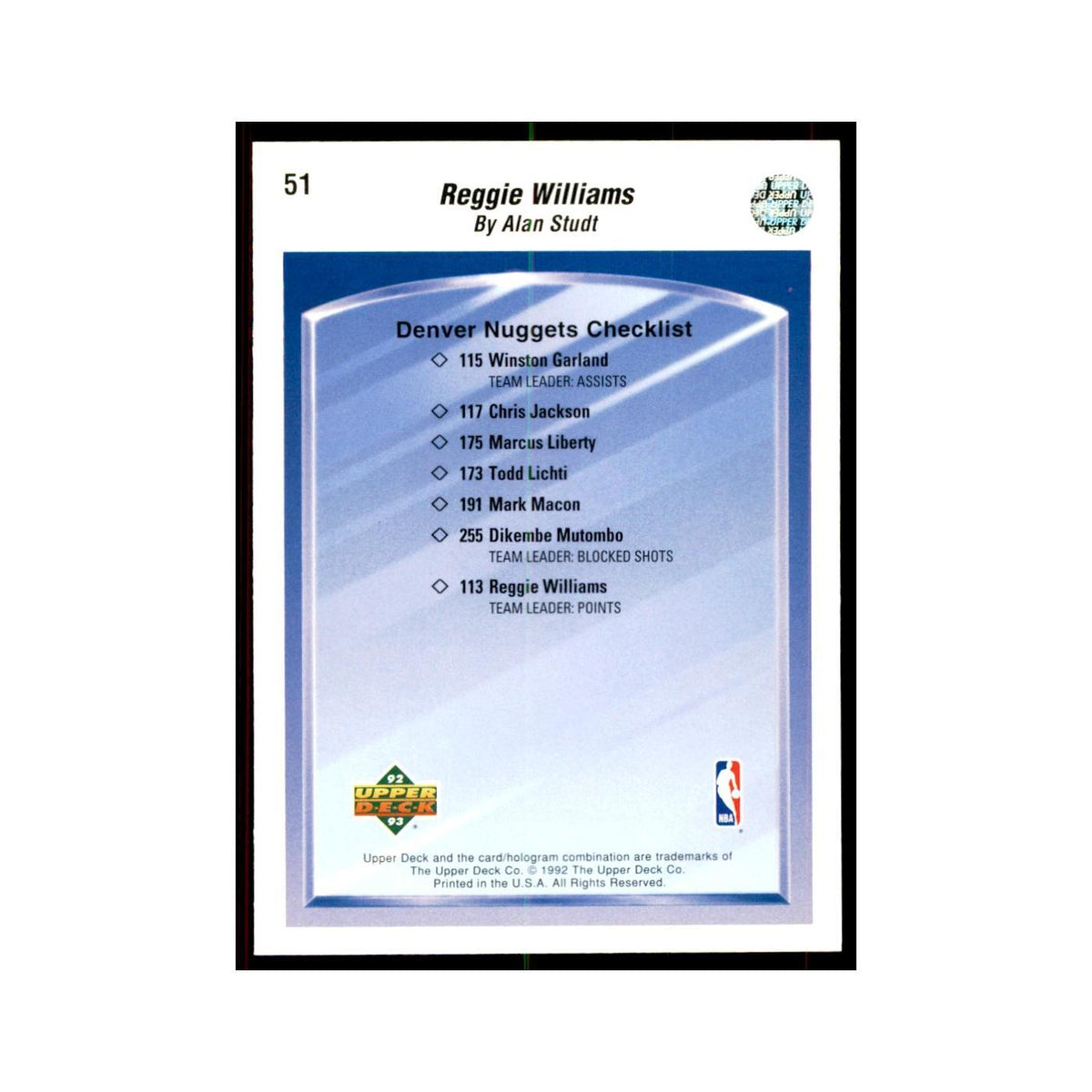 1992 Upper Deck Reggie Williams Basketball Cards #51