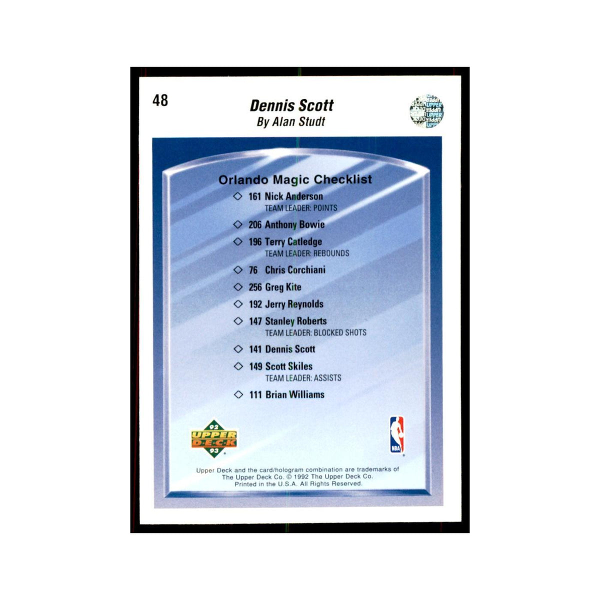 1992 Upper Deck Dennis Scott Basketball Cards #48
