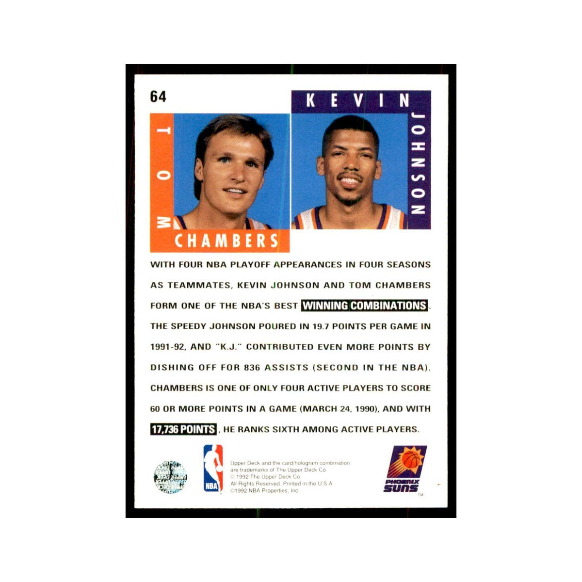 1992 Upper Deck Tom Chambers/Kevin Johnson Basketball Cards #64