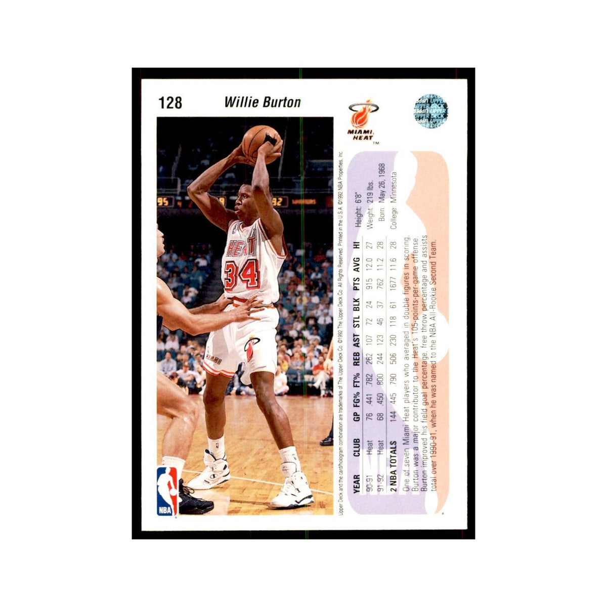 1992 Upper Deck Willie Burton Basketball Cards #128