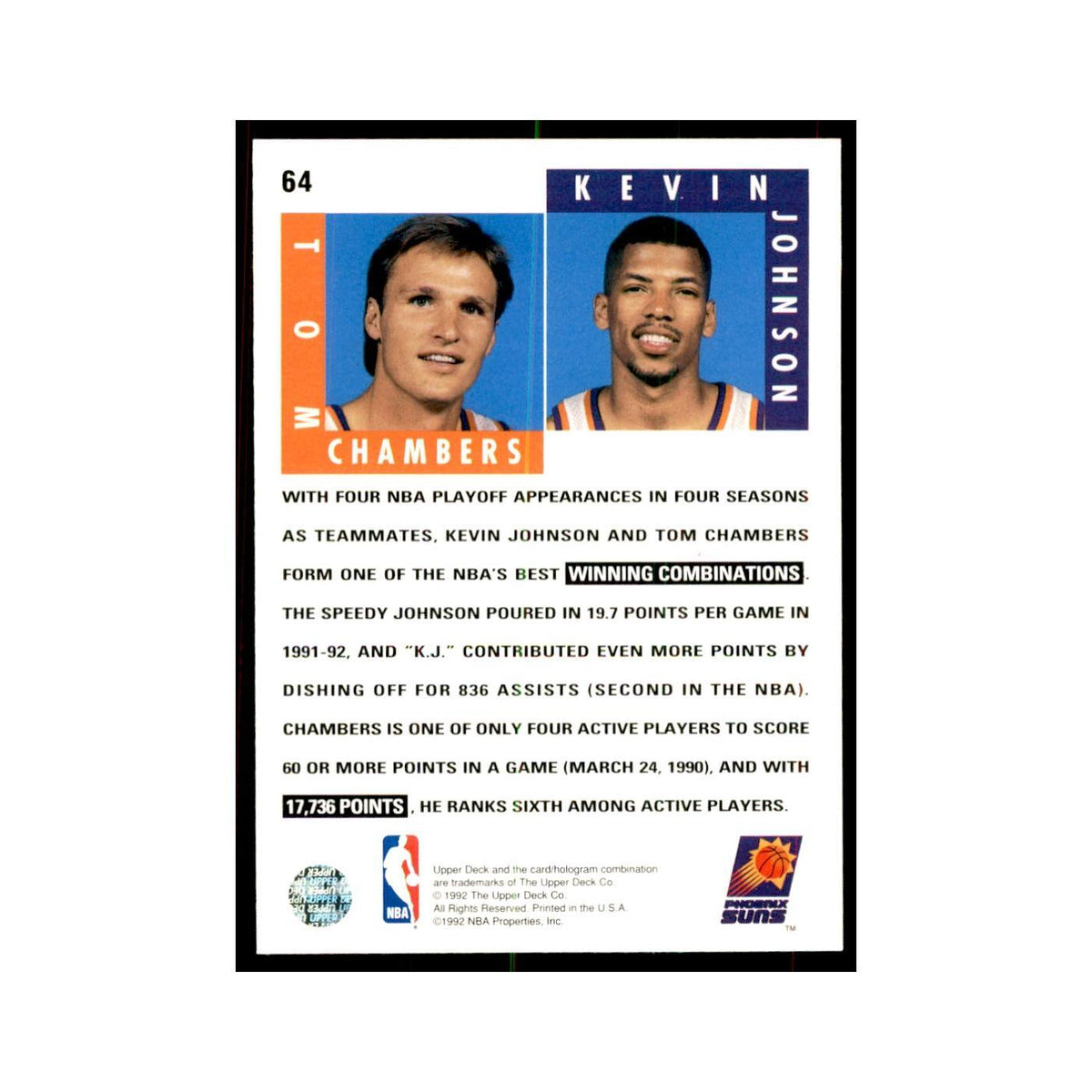 1992 Upper Deck Tom Chambers/Kevin Johnson Basketball Cards #64