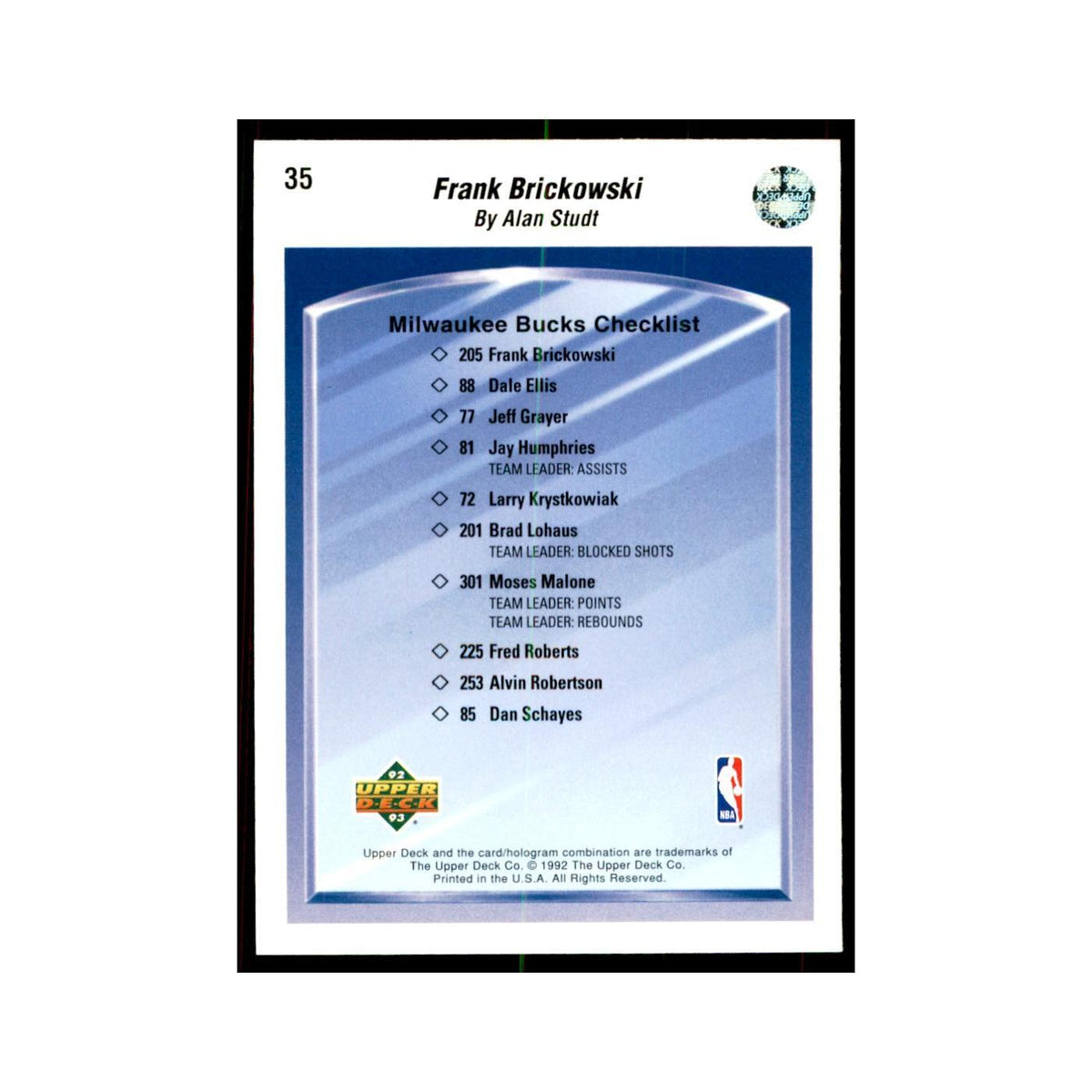 1992 Upper Deck Frank Brickowski Basketball Cards #35
