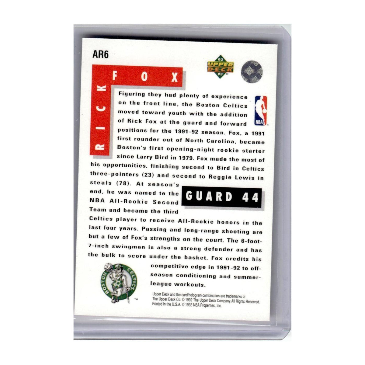1992 Upper Deck All-Rookie Team Rick Fox Celtics #AR6