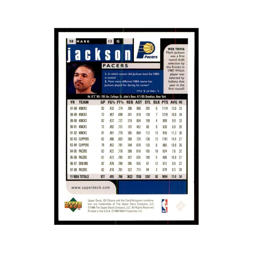 1998 UD Choice Mark Jackson Basketball Cards #58