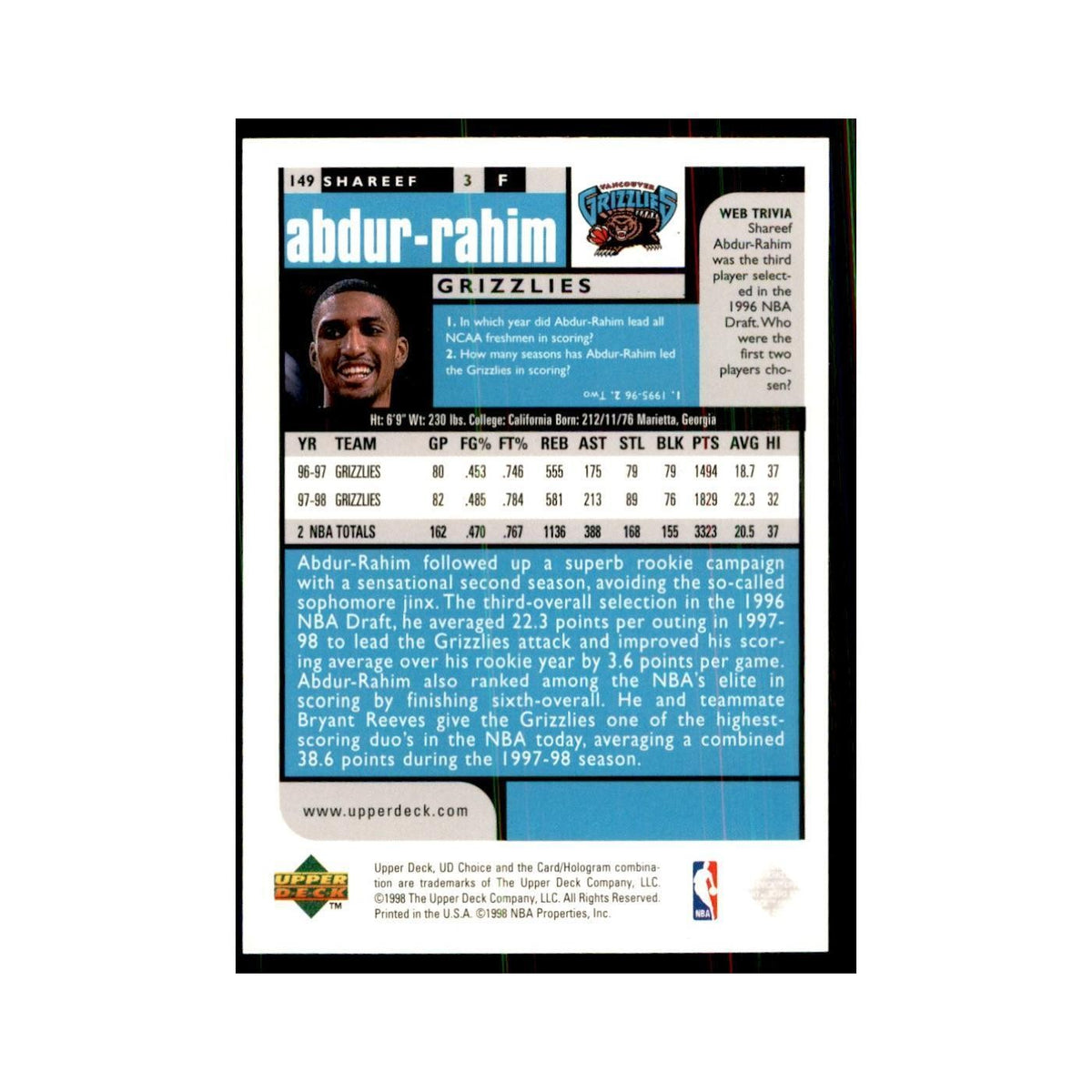 1998 UD Choice Shareef Abdur-Rahim Basketball Cards #149