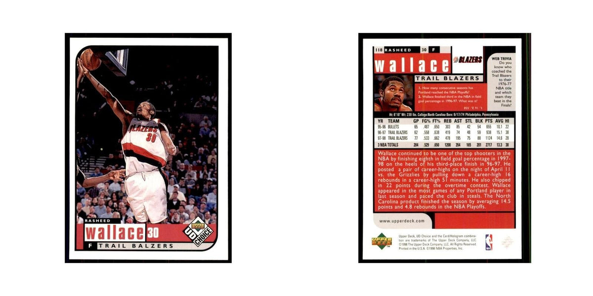 1998 UD Choice Rasheed Wallace Basketball Cards #118