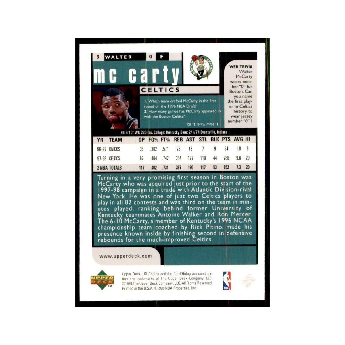 1998 UD Choice Walter McCarty Basketball Cards #9