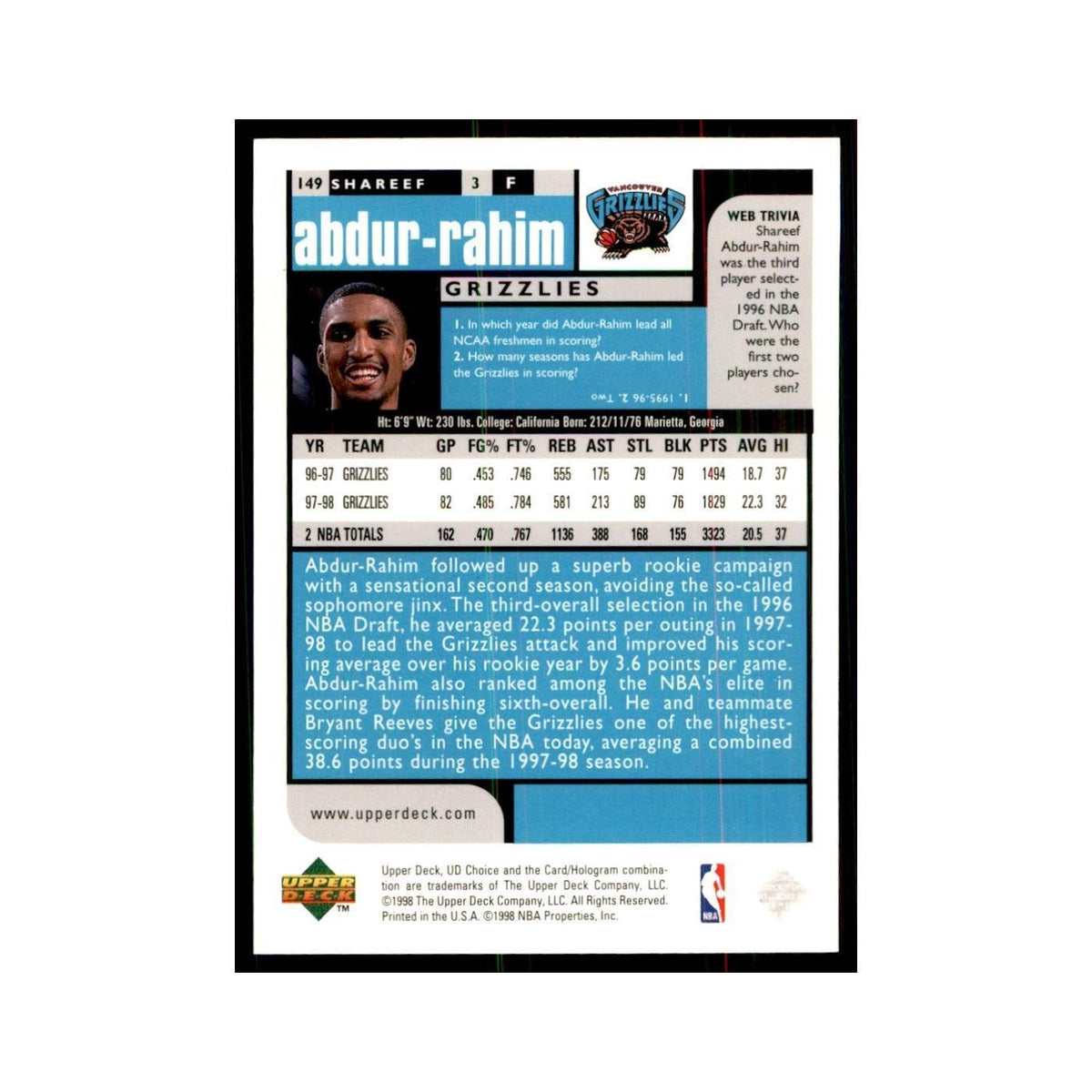 1998 UD Choice Shareef Abdur-Rahim Basketball Cards #149