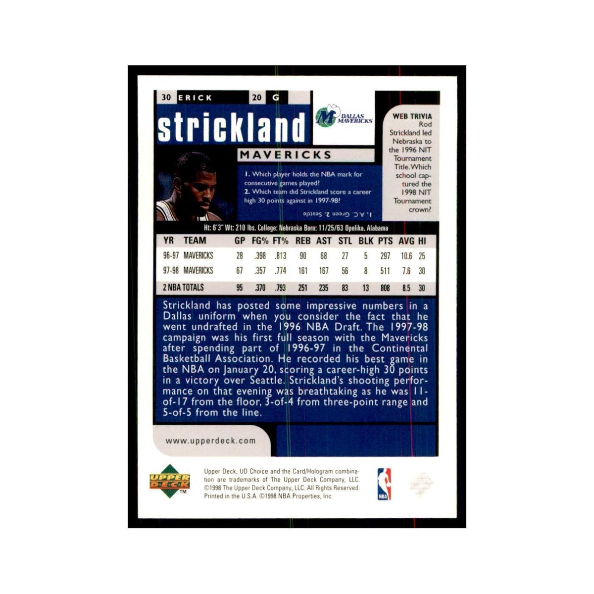 1998 UD Choice Erick Strickland Basketball Cards #30