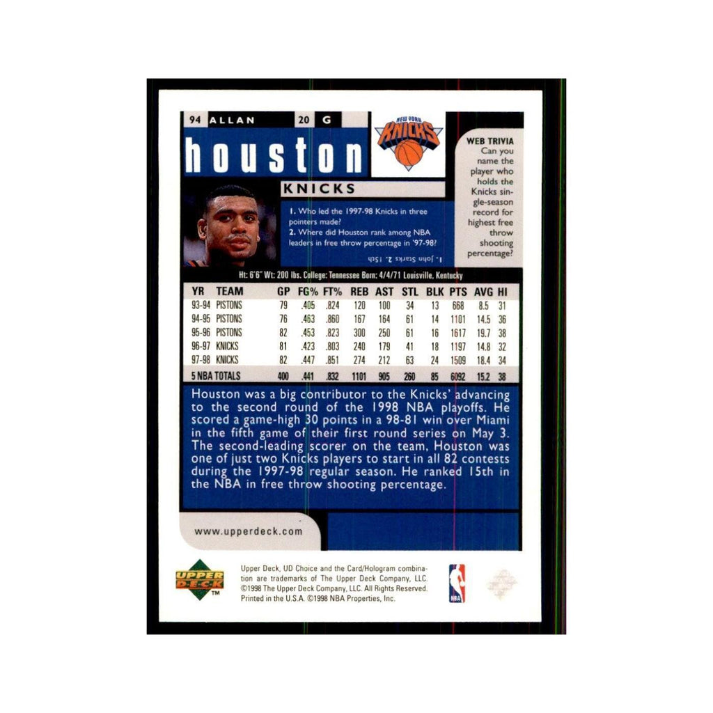1998 UD Choice Allan Houston Basketball Cards #94