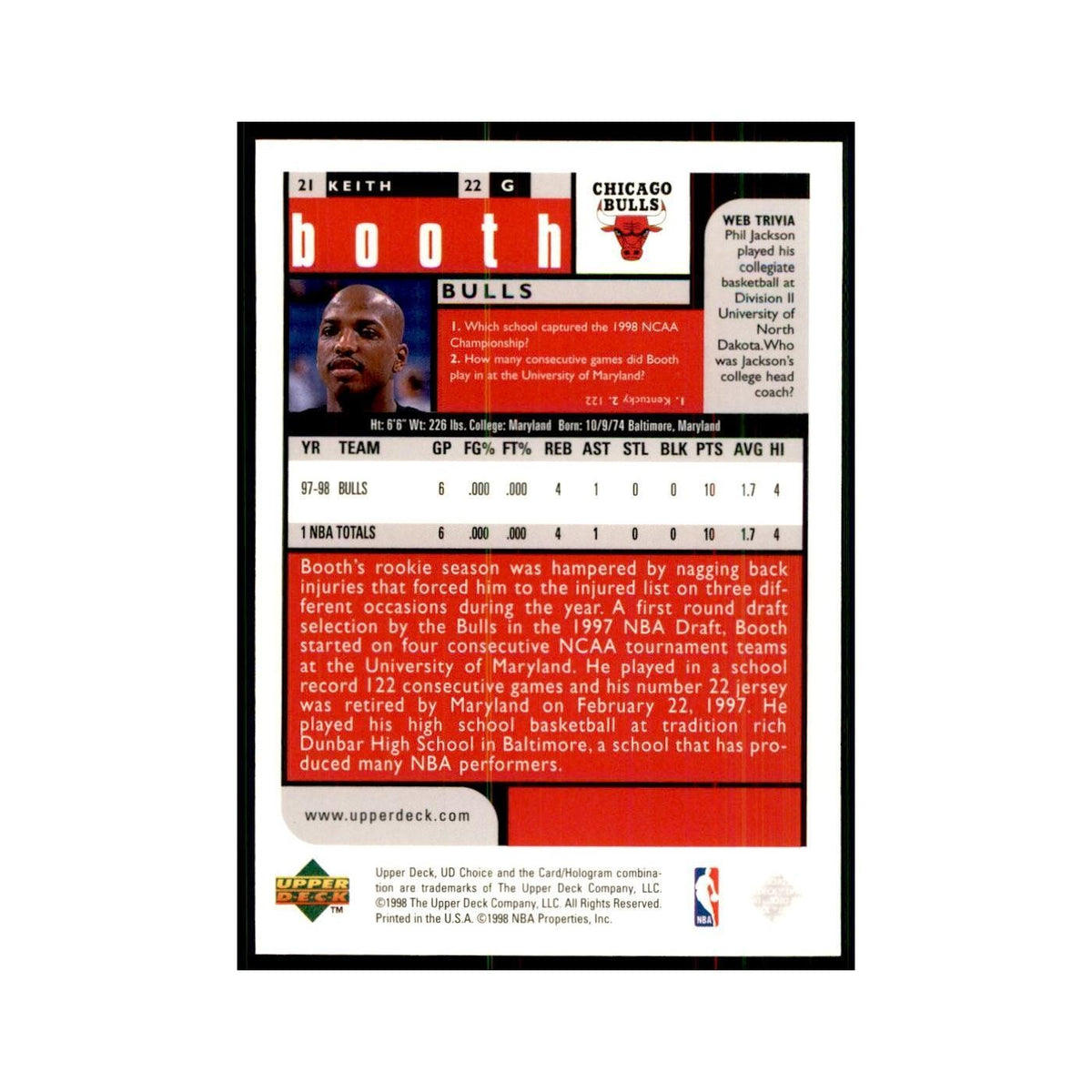 1998 UD Choice Keith Booth Basketball Cards #21