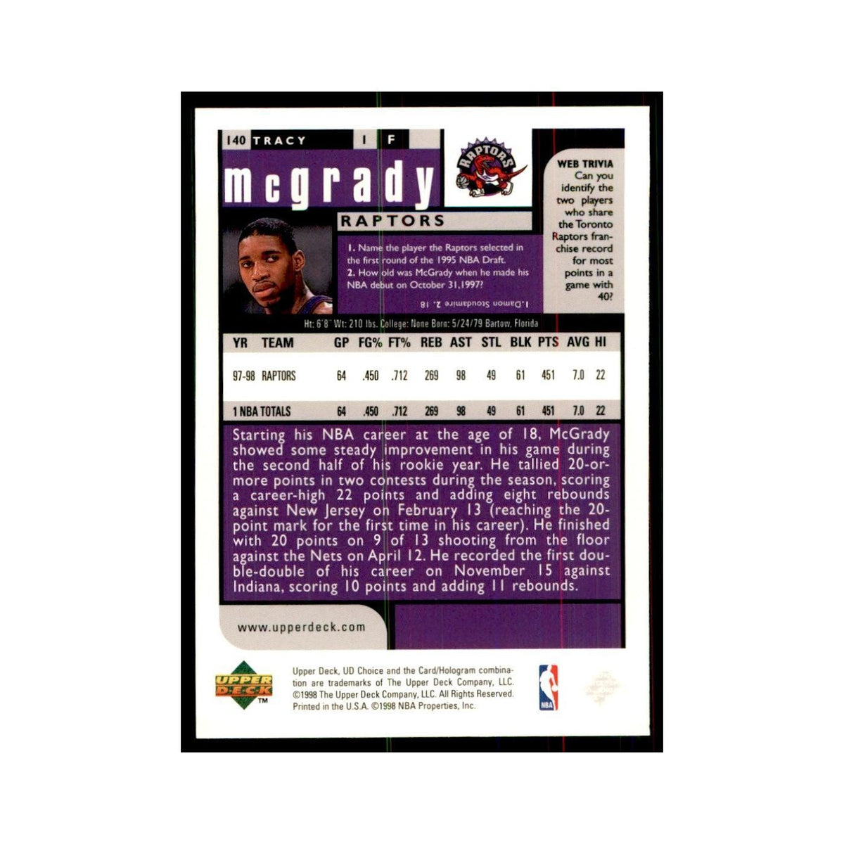1998 UD Choice Tracy McGrady Basketball Cards #140