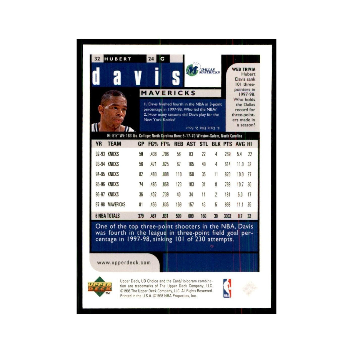 1998 UD Choice Hubert Davis Basketball Cards #32