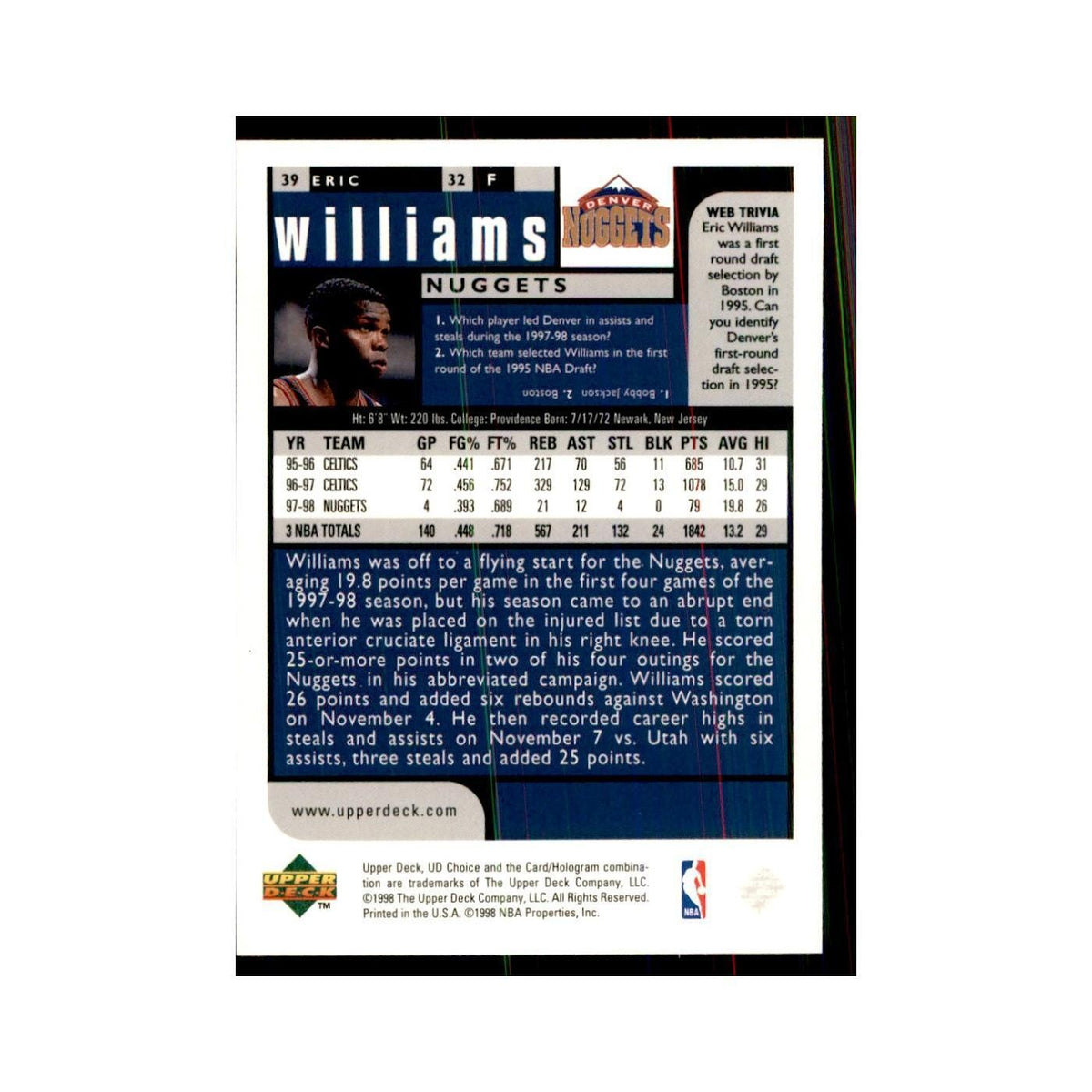 1998 UD Choice Eric Williams Basketball Cards #39