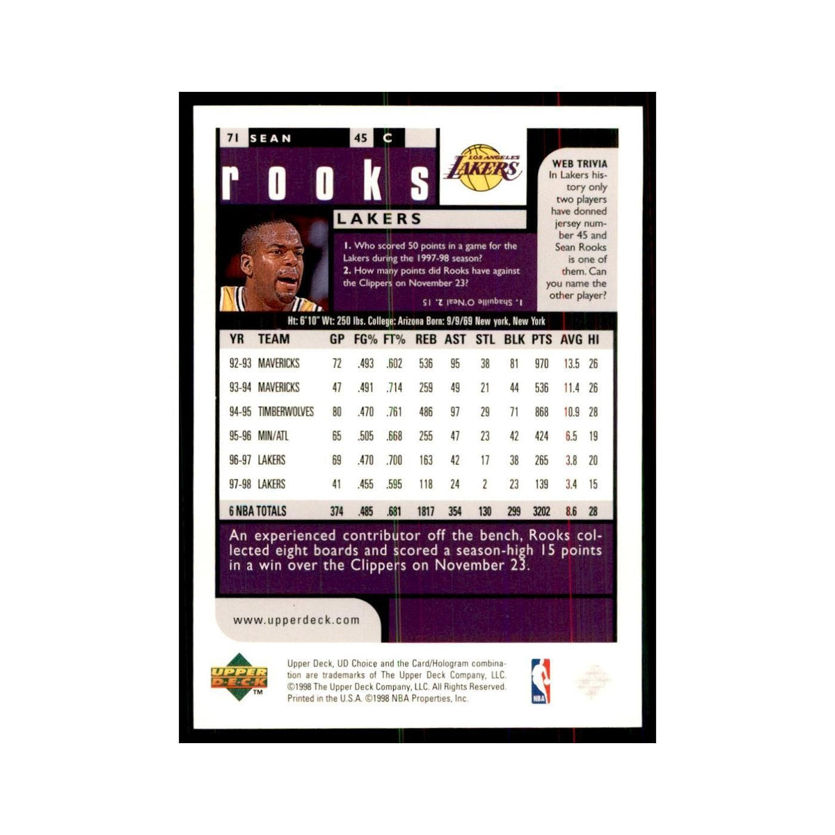1998 UD Choice Sean Rooks Basketball Cards #71