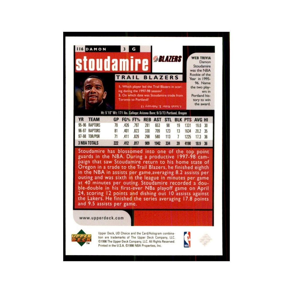 1998 UD Choice Damon Stoudamire Basketball Cards #116