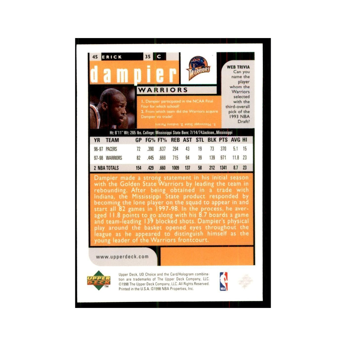 1998 UD Choice Erick Dampier Basketball Cards #45