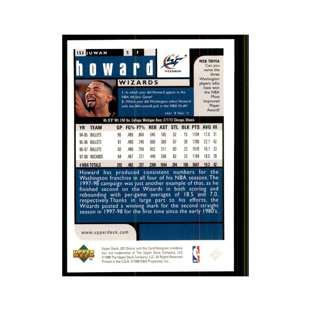 1998 UD Choice Juwan Howard Basketball Cards #153