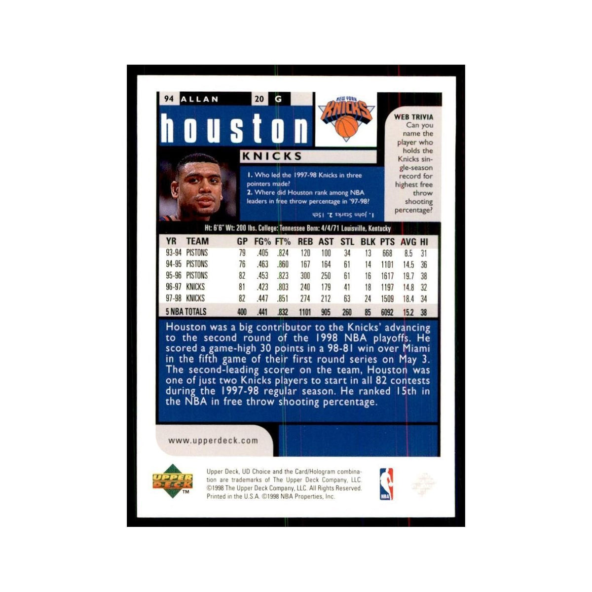 1998 UD Choice Allan Houston Basketball Cards #94