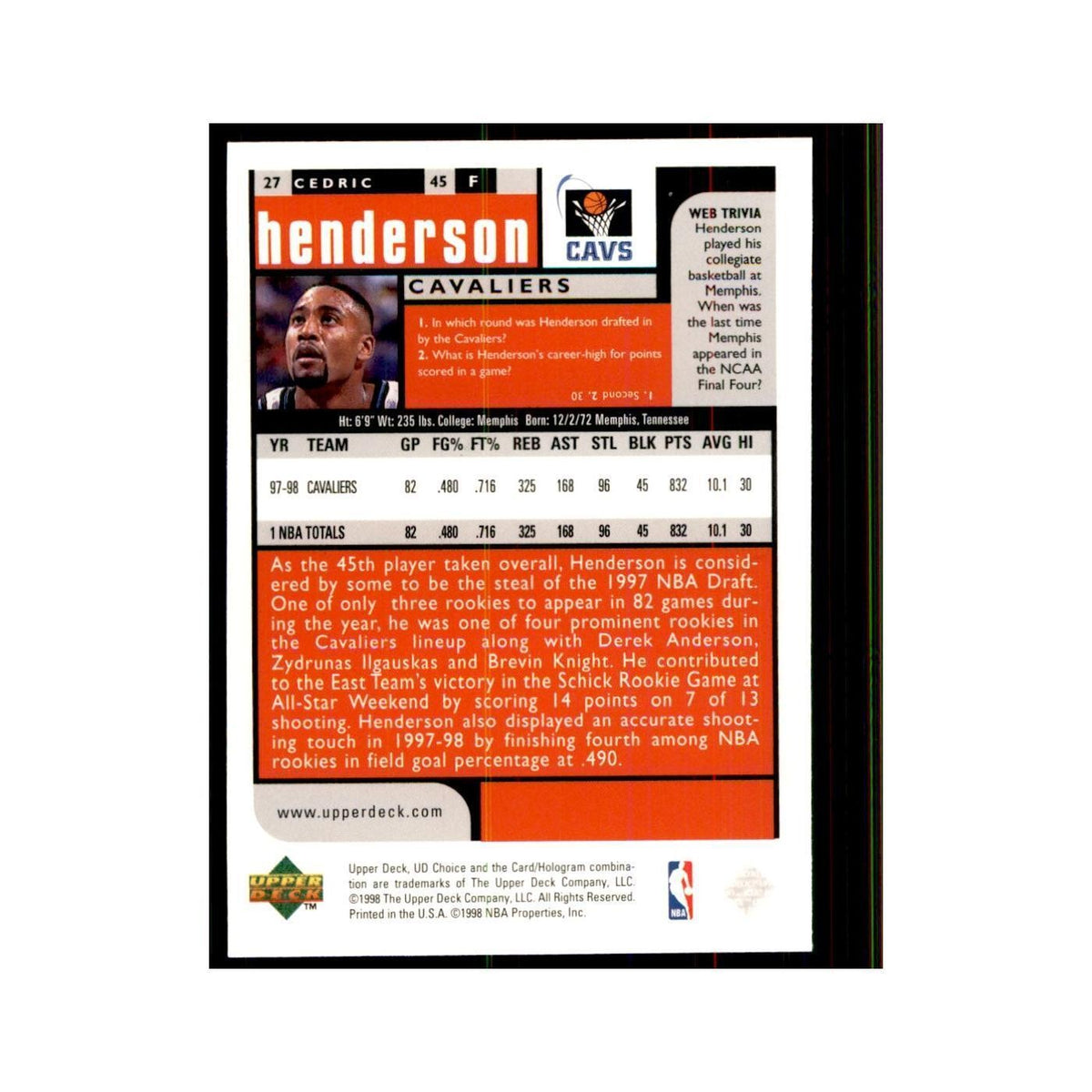 1998 UD Choice Cedric Henderson Basketball Cards #27